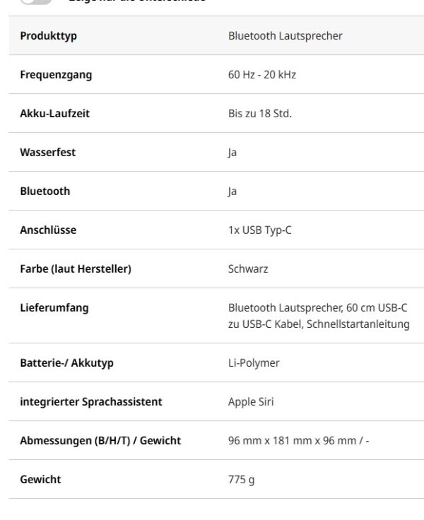 Soundcore tech, Spezifikations