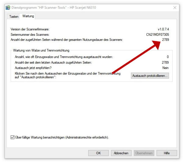 HP Scanjet N6310, Zählerstand
